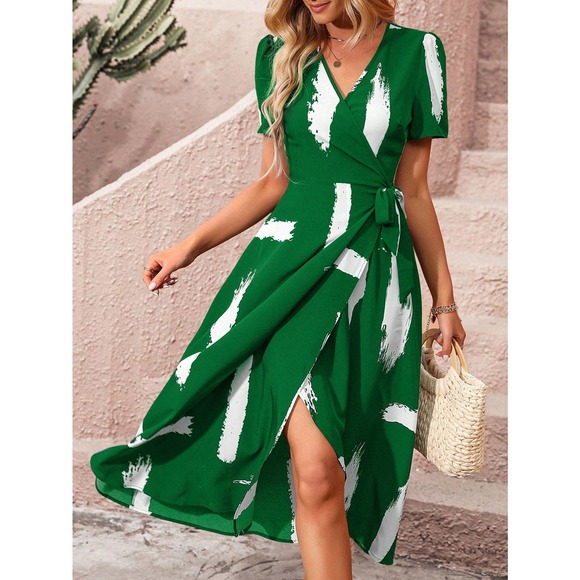 minimalist Brush Print Knot Side Wrap midi Dress black white - Picture 6 of 12